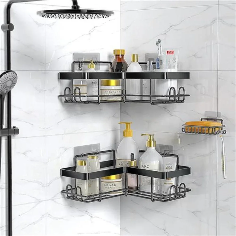 Adhesive Corner Shower Caddy, 3 Pack Organizer Shelf with Soap Holder & 12 Hooks